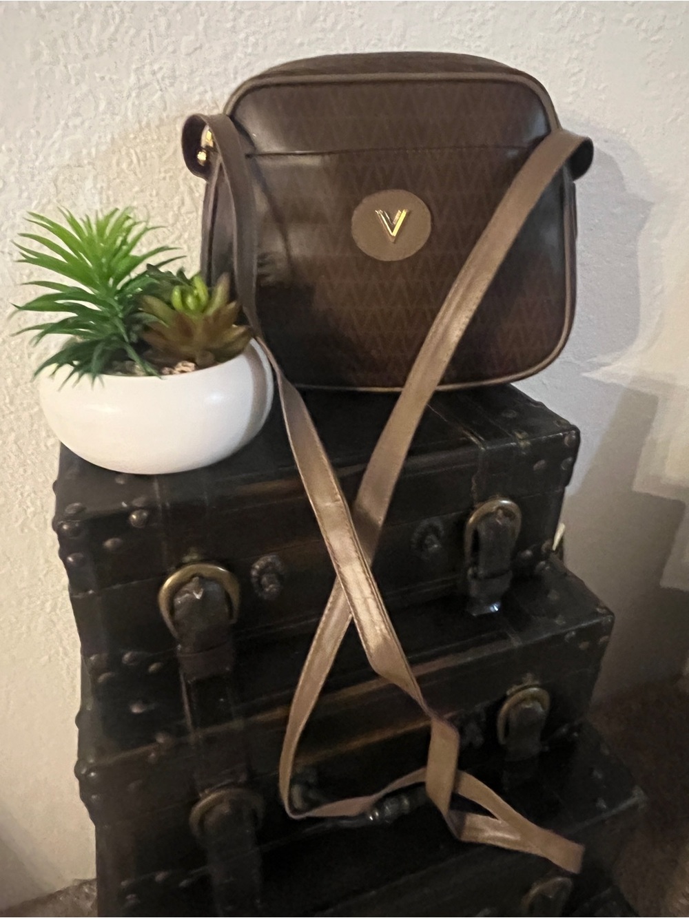 Mario Valentino Brown Crossbody Bag with Gold Logo